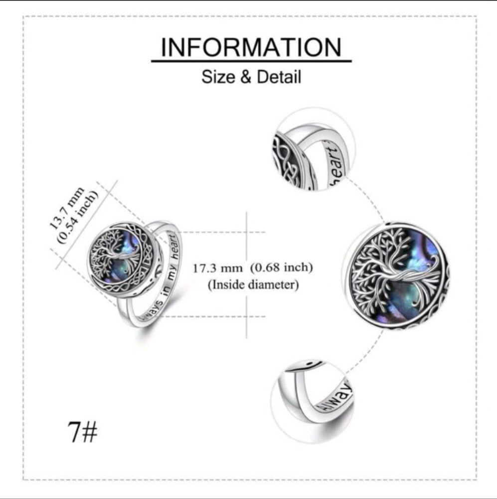 Silver Tree of Life Cremation Ring with Abalone Inlay. - Picture 6 of 6